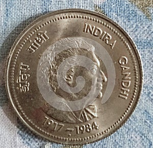 Old indian coin prime minister Indira Gandhi in coin