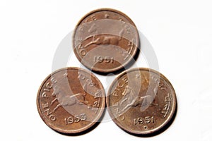 Old Indian One Pice Coin of 1951 and 1953 isolated on white background.