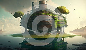 An old industrial floating island that pollutes with green. AI Generative .