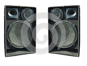 Old industrial powerful stage sound speakers isolated over white