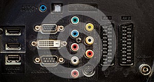 Old input output panel on the back of the old television