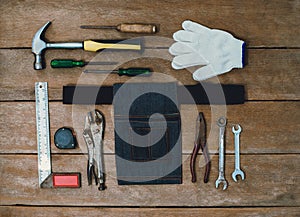 Old instruments constructor or renovation for build and repair house on wooden background