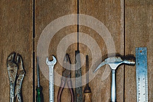 Old instruments constructor or renovation for build and repair house on wooden background