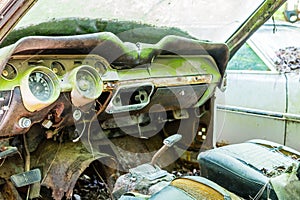 Old Interior of Wrecked Green Car