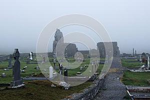 An old Irish cemetery wrapped in fog
