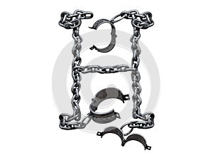 Old iron arm shackles on a chain font.