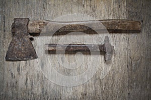 Old iron ax and old iron hammer