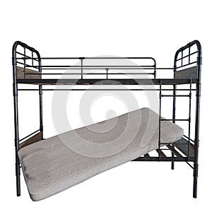 An old iron bunk bed with a fallen mattress isolated on a white background