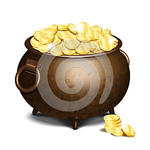 Old iron cauldron full of gold coins