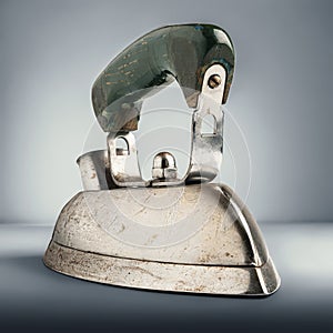 Old iron. Electric iron for ironing on a gray background with cold toning. Old household appliances