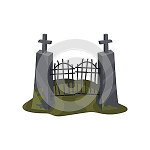 Old iron entrance gate on stone pillars with crosses. Halloween theme. Flat vector for computer or mobile game