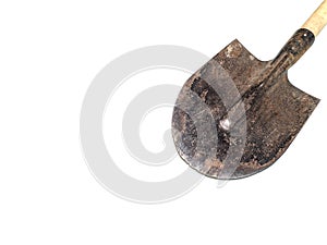 Old iron shovel for digging on a white background