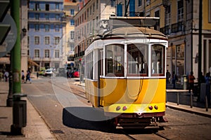 Old isbon yellow tram on the street