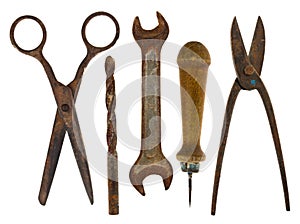 Old isolated tools:scissors, drill, wrench, awl, scissors for me