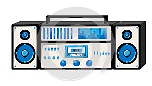 Old isometry retro white vintage music cassette tape recorder with magnetic tape on reels and speakers from the 70s, 80s, 90s.