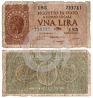 Old Italian Banknote - One Lire 1933