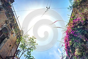 Old Italian House with Balcony Decorated with Fresh Flowers