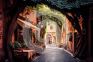 Old italian street overgrown with vines. Generative AI, Generative, AI