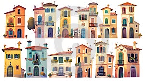 Old italian town street house cartoon modern illustration set. Mediterranean architecture icon scenery design. Tuscany