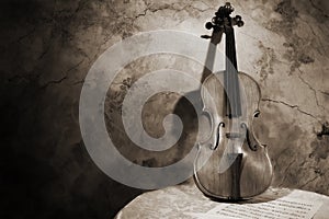 Old italian violin on a wall background