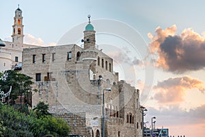 Old Jaffa city, old port and coastal line of Tel Aviv under sunset in Tel Aviv, Israel