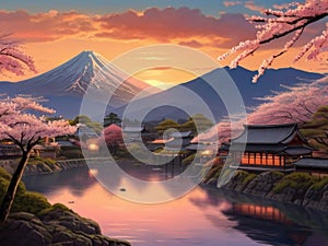 An old Japanese city, mountains and sakura blossom, colorful sunset landscape, generative ai