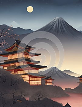 An old Japanese city, mountains and sakura blossom, colorful sunset landscape, generative ai