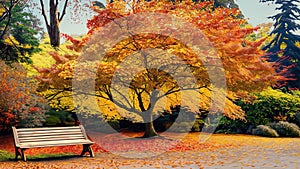 An Old Japanese Maple Tree stands tall in a serene garden with bench