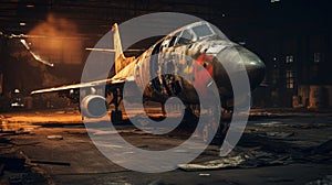 Abandoned Military Jet: A Cinematic Close-up In A Burned Warehouse photo