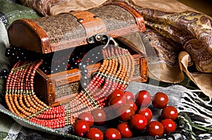 Old jewelery chest with necklaces placed