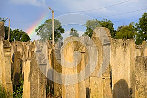 The Old Jewish cemetery at colorful sunset sky, Chernivtsi Ukraine.