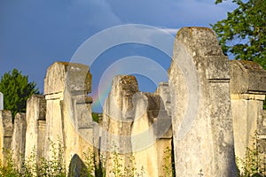 The Old Jewish cemetery at colorful sunset sky, Chernivtsi Ukraine.