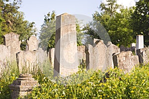 The Old Jewish cemetery at colorful sunset sky, Chernivtsi Ukraine.