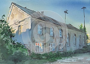 Old Jewish synagogue in Zagare, Lithuania watercolor landscape photo