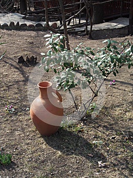 Old jug on the ground in the yard of a roadside restaurant