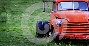 Old Junked Red Work Truck Abandoned in Green Field