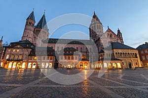 Old kathedral Dom in Mainz city, Germany in evening