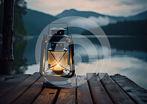 Old kerosene lantern with warm yellow light on a bridge by a lake in the evening. Burning lantern on a stone in the