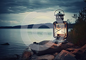 Old kerosene lantern with warm yellow light on a bridge by a lake in the evening. Burning lantern on a stone in the