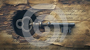 an old key inserted into a weathered keyhole, set against the backdrop of an ancient manuscript, evoking a sense of