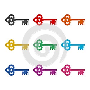 Old key silhouette icon or logo, color set