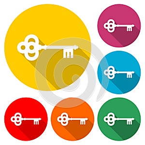 Old key silhouette icon or logo, color set with long shadow