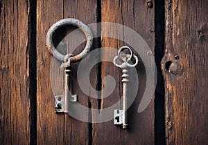 Old key in a wooden slatted door.