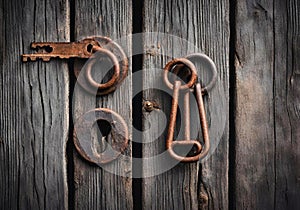 Old keyrole lock of a wooden slatted door.