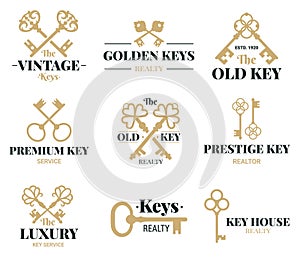 Old keys emblems. Vintage door keys labels, real estate agency or key service vector symbols set. Retro keys company