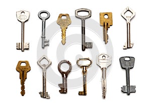 Old keys isolated on white background. Flat lay, top view