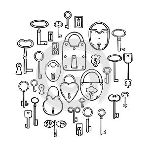 Old keys and locks. Vector illustration