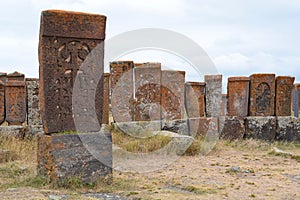 Old khachkars at Noratus cemetery. Gegharkunik province. Armenia