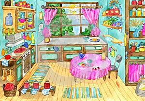 Old kitchen interior with big window, nobody, cookware and household cooking objects