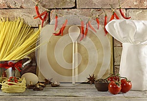 Old kitchen still life with cook book